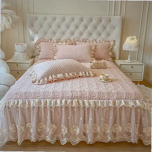 1.5/1.8X2m Velvet Heavy Fluffy Flower Lace Ruffled Sweet Princess Girl Bed Skirt