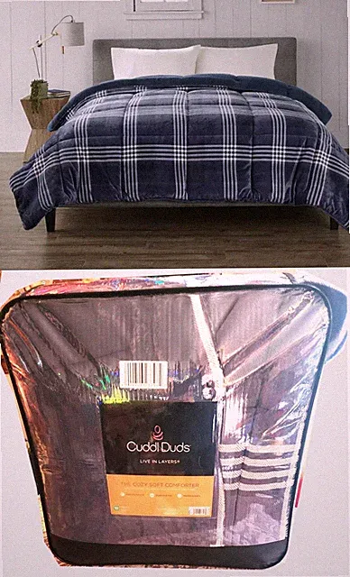 $150 Cuddl Duds Cozy Soft NAVY BLUE Plaid Comforter Faux Fur Fleece FULL/QUEEN
