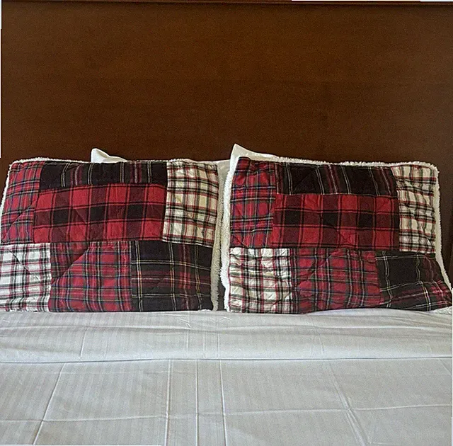 (2) Pottery Barn Standard Shams Red Patchwork Plaid with Faux Sheepskin Back