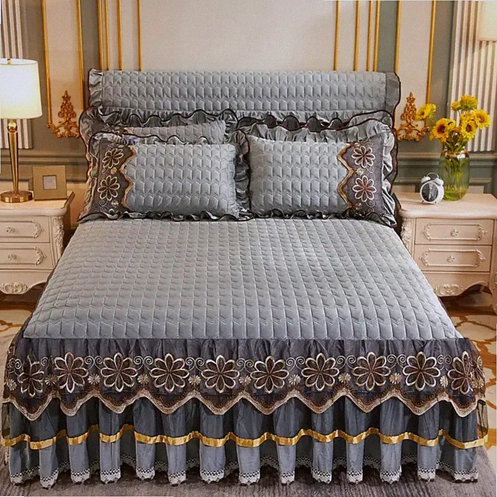 3 Pcs Thick Velvet Quilted Bedding Set Duvet Cover Luxury King Bed Linen Skirt