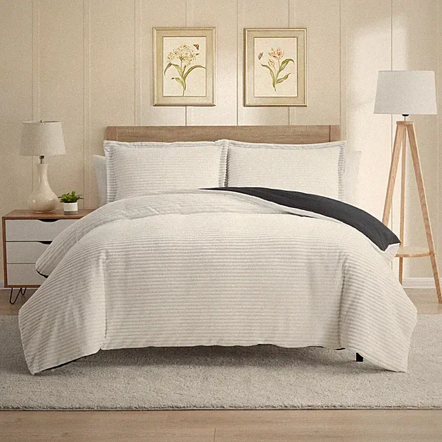 3Pc Flannel Duvet Cover Set w/ Microfiber Back Reversible Fleece Comforter Cover