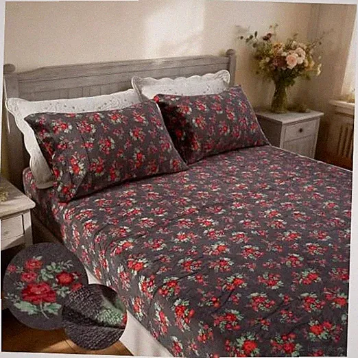 3Pcs Fleece Sheets Set,Flower Size Bed Set,Super Soft Fluffy Queen Red Floral