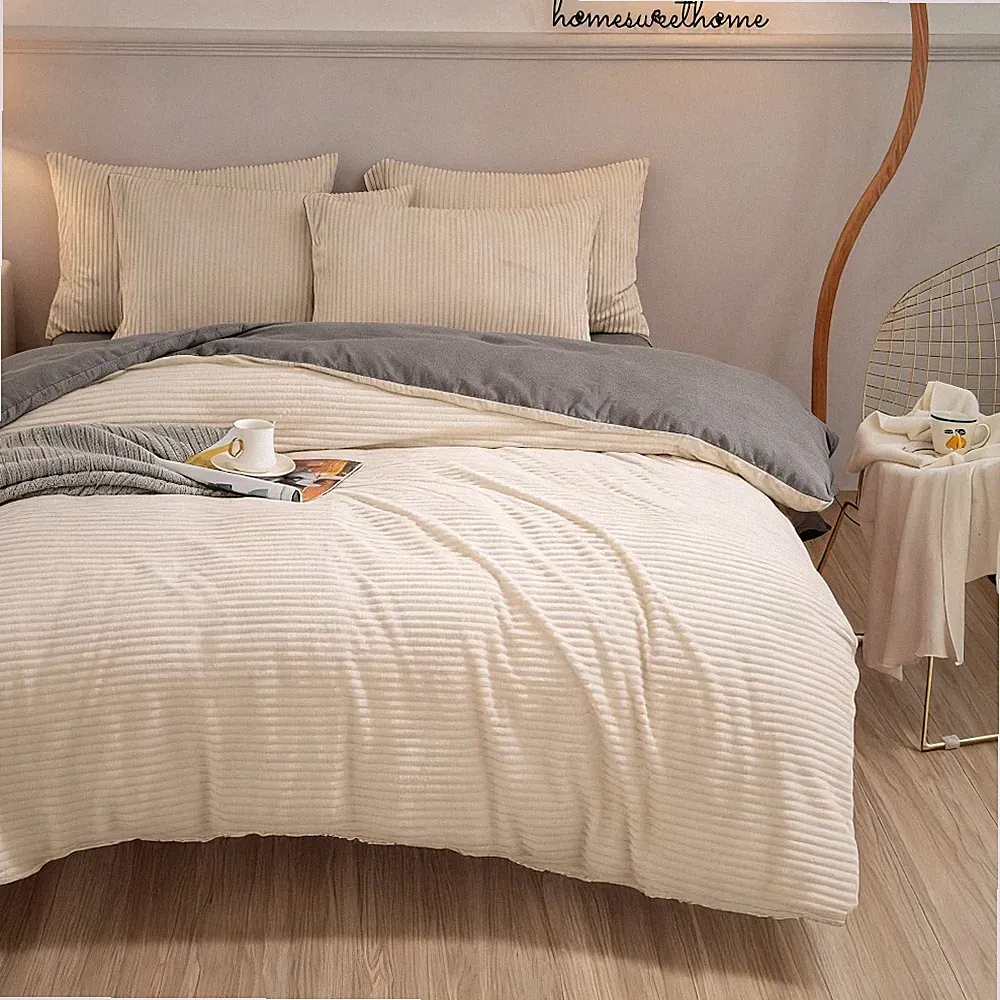 4 Piece Coral Fleece Duvet Cover Set 150GSM Soft Pinstripe Bedding Cover w/ Ties