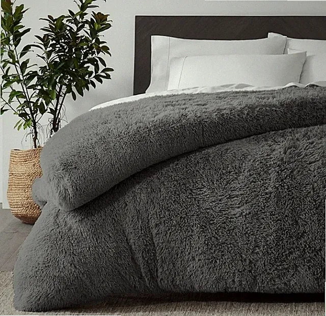 Bare Home Shaggy Fleece Plush Duvet Cover Hidden Zipper Closure Full Size Grey