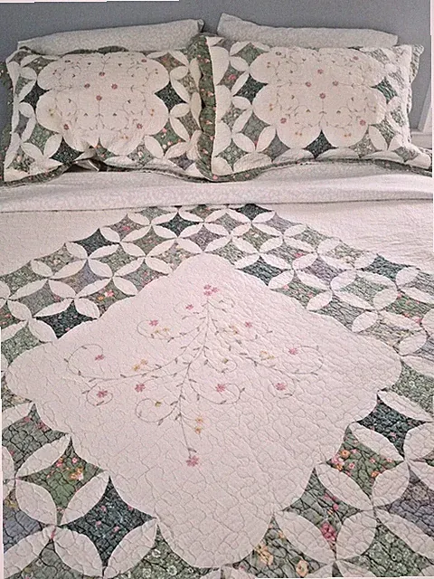 Cozy Quilt and Shams, Leaf Print Flannel Sheets, Eyelet Bed Skirt, New Pillows