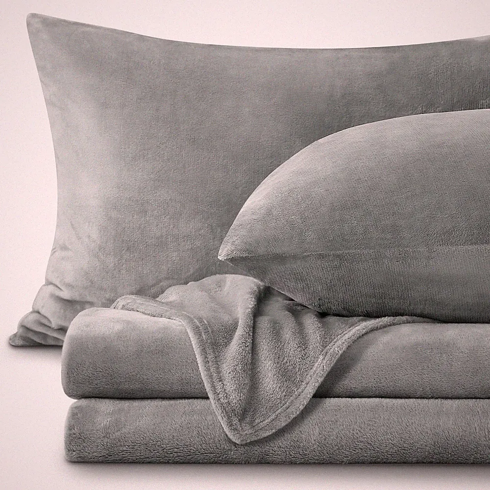 Fluffy Queen Fleece Bedding Set,Ultra Plush 4 Piece,Grey,Super Soft Fleece Sheet