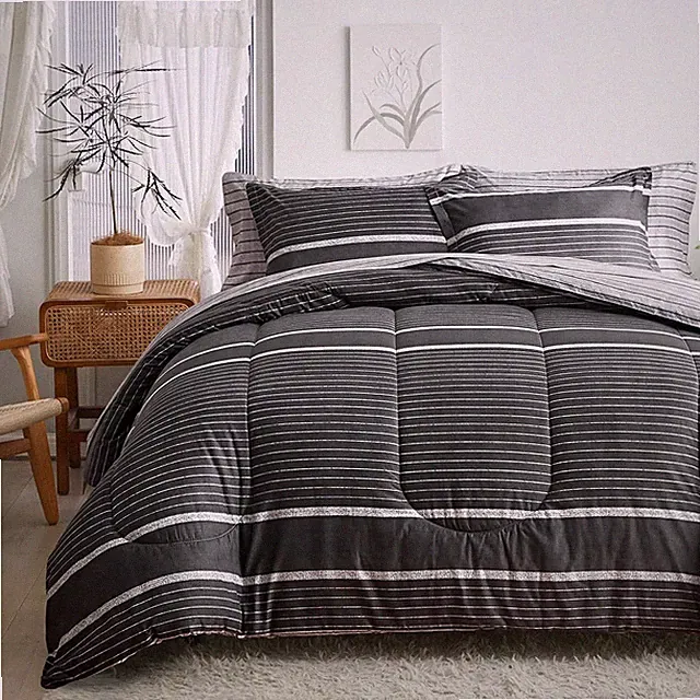 King Size Boho Striped Comforter Set White on Black 3 Piece Fleece Winter
