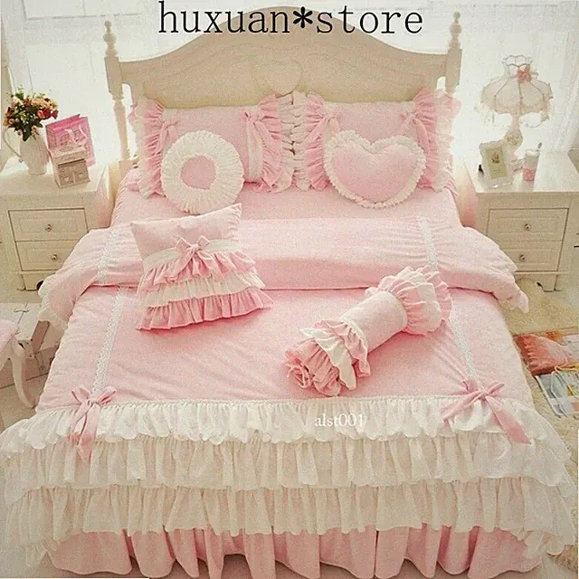 Korean Princess Girl Flannel Fabric Bedding Set White Ruffle Bow Duvet Cover Hot