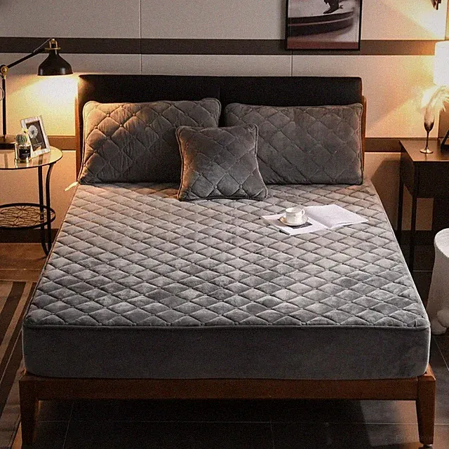 New Coral Fleece Quilted Mattress Cover Short Bed Fitted Sheet Queen Double Bed