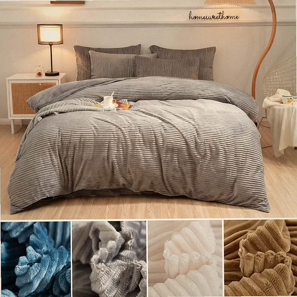 Set of 4 Coral Fleece Duvet Covers Soft Warm Comforter Cover Set Zipper Closure