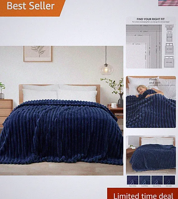 Twin Size Flannel Fleece Blanket, Super Soft Striped Jacquard Bed Blanket, Li...