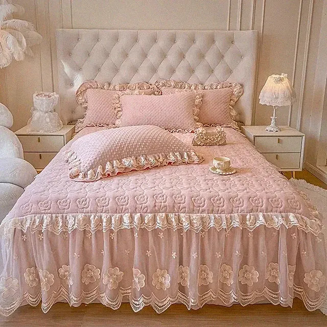 Velvet Flower Lace Ruffled Princess Bed Skirt with 1Bed Skirt 2pillowcases
