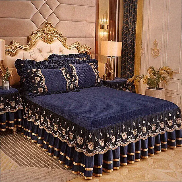 Velvet Thicken Bedding Quilted Lace Fitted Bed Sheet Ruffle BedSkirt Pillowcases